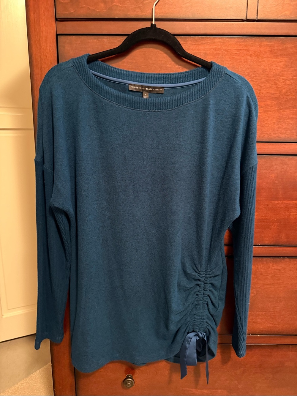 White House Black Market Teal Side-Ruche Tie Long Sleeve Top